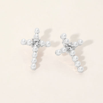 Madeline Love Silver, White Rhinestone Center Pearl Beaded Cross Stud Earrings