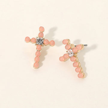Madeline Love Gold, Rose Rhinestone Center Beaded Cross Stud Earrings