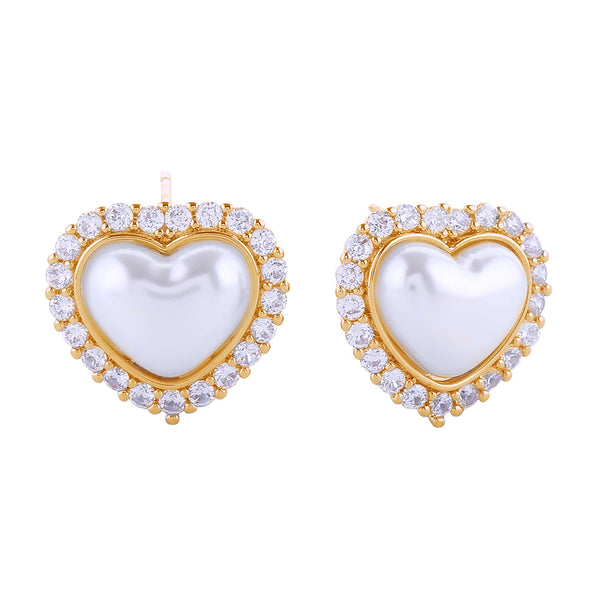 14K Gold Dipped CZ Stone Paved Heart Pearl Stud Earrings