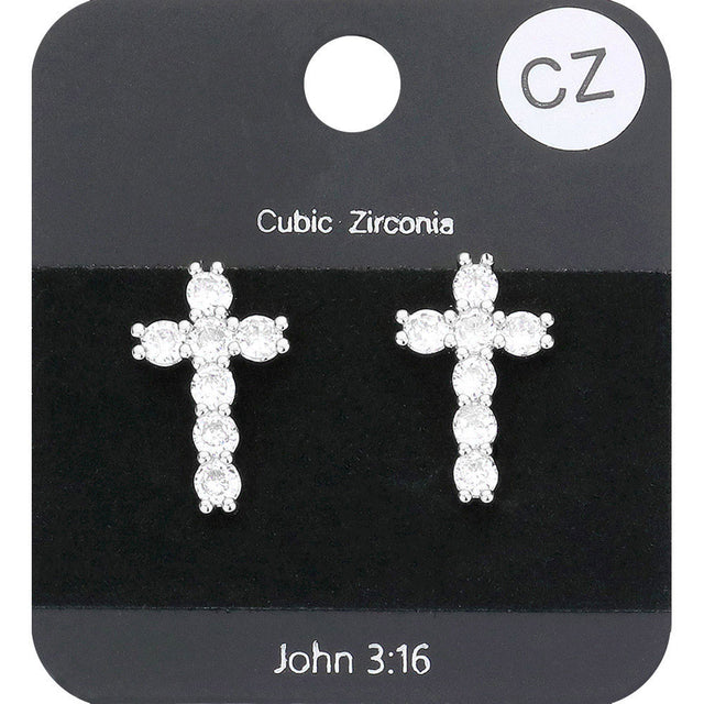 Madeline Love Clear, Rhodium CZ Stone Cross Stud Earrings
