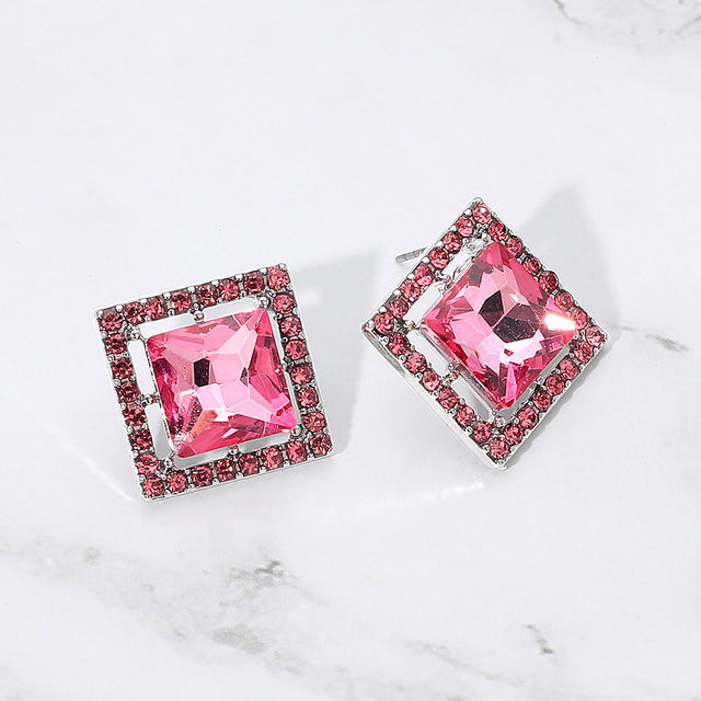 Madeline Love Pink, Rhodium Square Cut Gemstone Framed Evening Stud Earrings