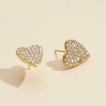 Semi Fine Collection - 18K Gold Dipped CZ Stone Paved Heart Stud Earrings - Gold - Earrings