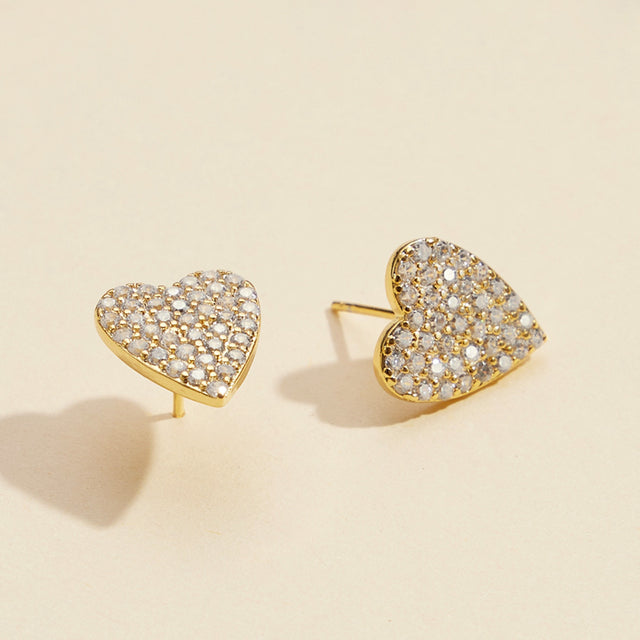 Semi Fine Collection - 18K Gold Dipped CZ Stone Paved Heart Stud Earrings - Gold - Earrings