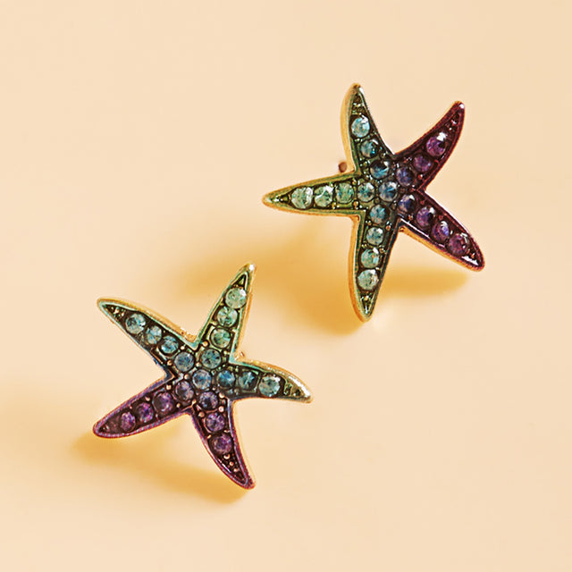 Gold, Multi Ombre Stone Paved Starfish Stud Earrings