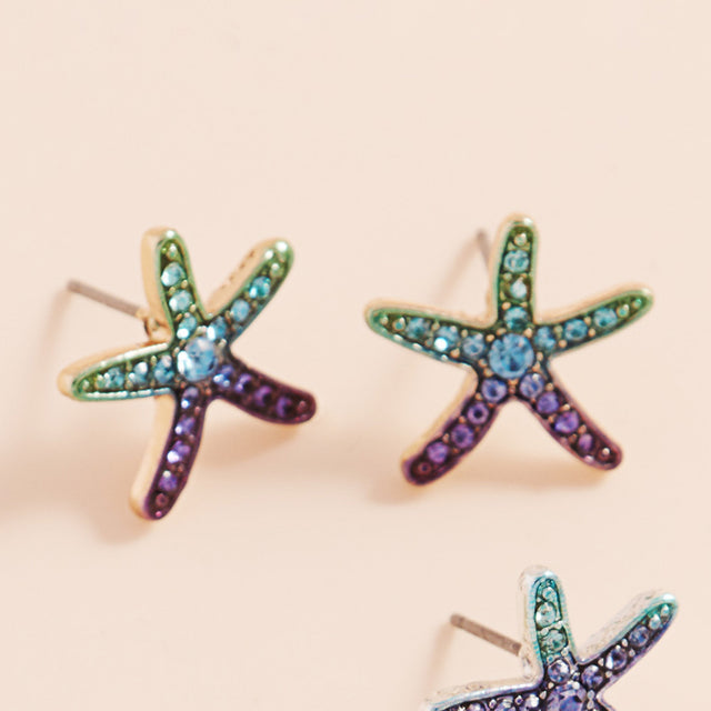 Gold, Multi Stone Paved Colored Metal Starfish Stud Earrings
