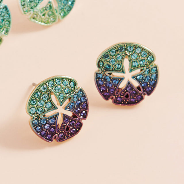 Gold, Multi Stone Paved Colored Metal Sand Dollar Stud Earrings
