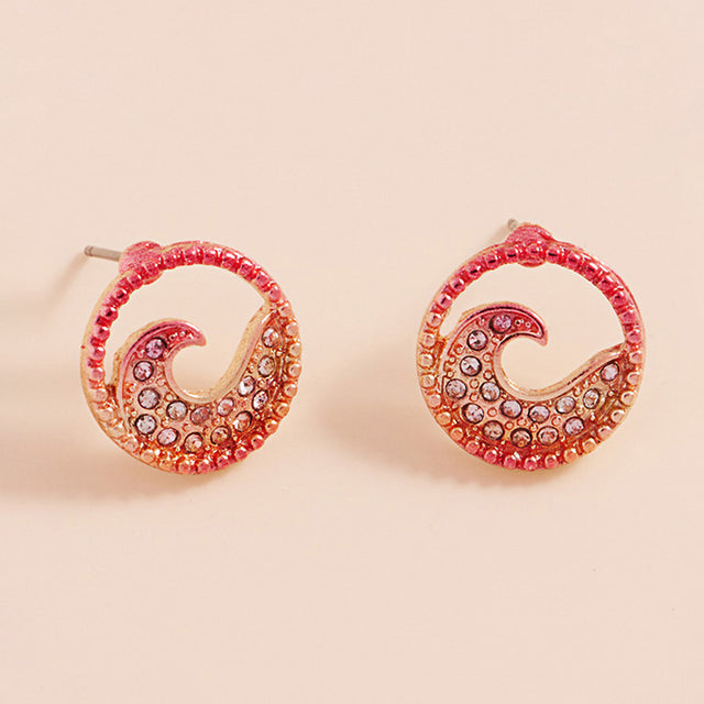 Madeline Love Gold, Pink Stone Paved Colored Metal Wave Stud Earrings