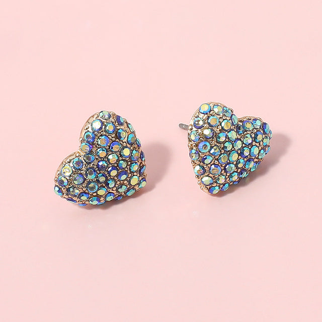 Madeline Love AB, Blue Rhinestone Paved Puffy Heart Stud Earrings