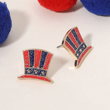 Madeline Love Gold, Multi Enamel Sparkly American USA Flag Patriotic Top Hat Stud Earrings
