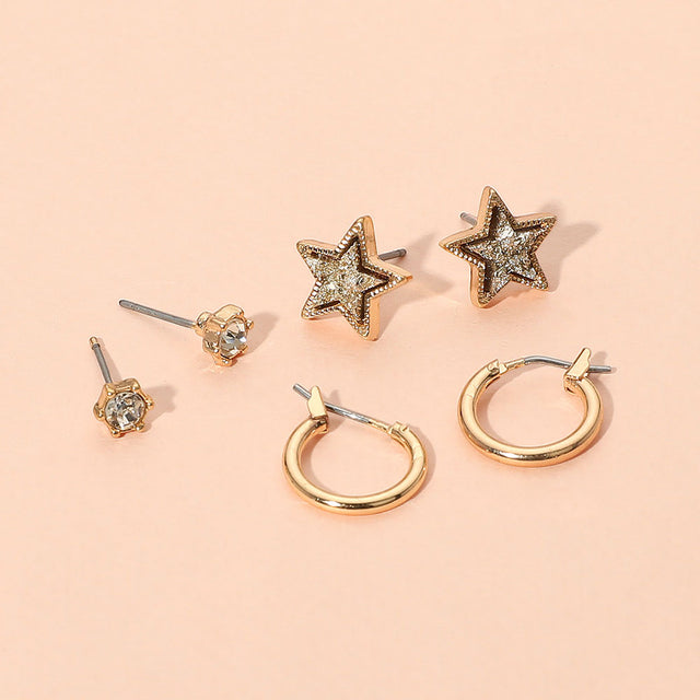 Madeline Love Rose Gold 3Pairs - Brass Metal Round Stone Druzy Star Hoop Earring Set - Earrings