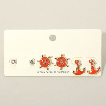 Madeline Love Coral 3PCS - Stone Embellished Enamel Ship Wheel Anchor Stud Earring Set - Earrings