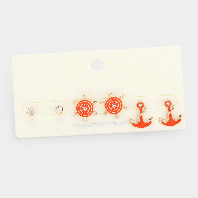 Coral 3PCS - Stone Embellished Enamel Ship Wheel Anchor Stud Earrings