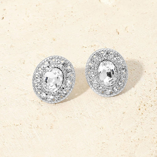 Madeline Love Clear, Rhodium Oval Rhinestone Halo Stud Earrings