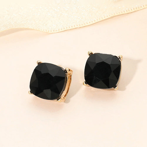 Women's Square Cushion Stud Earrings - Gold, Jet Black