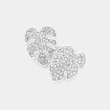 Madeline Love Rhodium Rhinestone Embellished Tropical Leaf Stud Earrings
