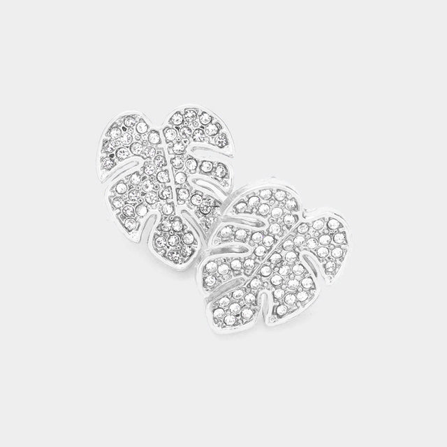 Madeline Love Rhodium Rhinestone Embellished Tropical Leaf Stud Earrings
