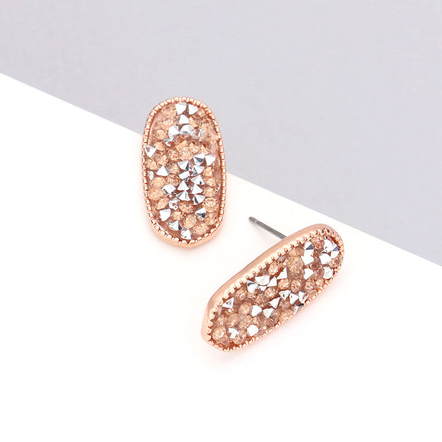 Madeline Love Peach, Rose Gold Glitter Stone Oval Stud Earrings