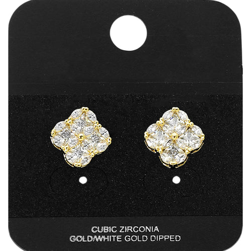 Gold Dipped CZ Quatrefoil Stud Earrings - Gold