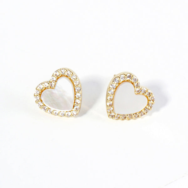 Gold Dipped CZ Stone Paved Rim Mother of Pearl Heart Stud Earrings