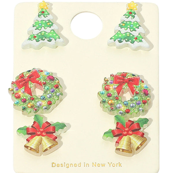 Green, Multi, Red 3Pairs - Christmas Tree Wreath Bell Stud Earring Set
