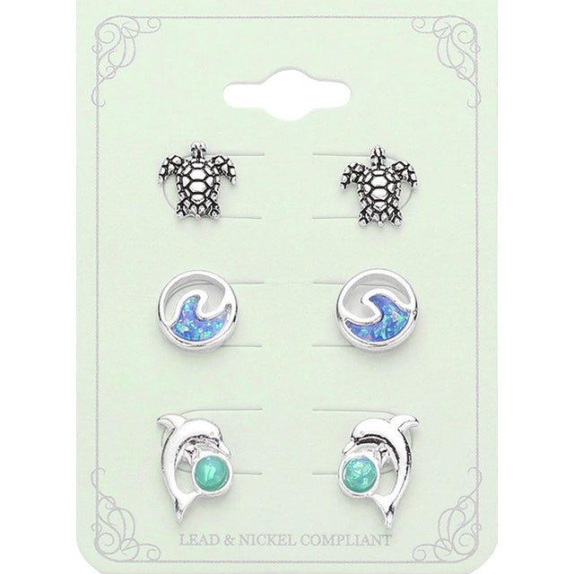 Multi, Silver 3Pairs - Sea Turtle Wave Dolphin Stud Earrings Set
