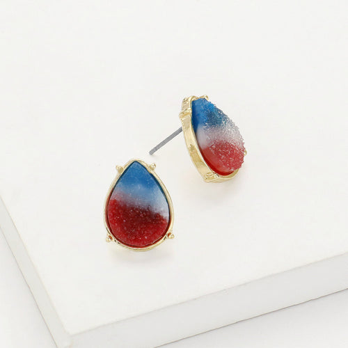 American USA Flag Theme Druzy Teardrop Stud Earrings - Gold, Multi