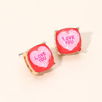 Madeline Love Pink, Red LOVE YOU Message Heart Square Cushion Stud Earrings
