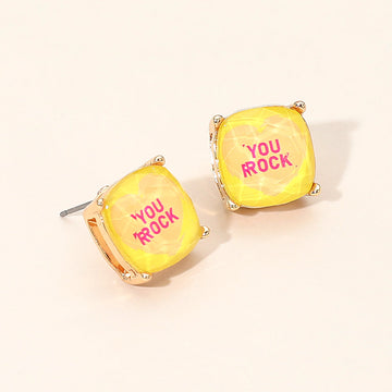 Madeline Love Yellow YOU ROCK Message Heart Square Cushion Stud Earrings