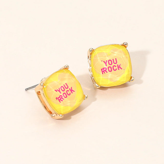 Madeline Love Yellow YOU ROCK Message Heart Square Cushion Stud Earrings