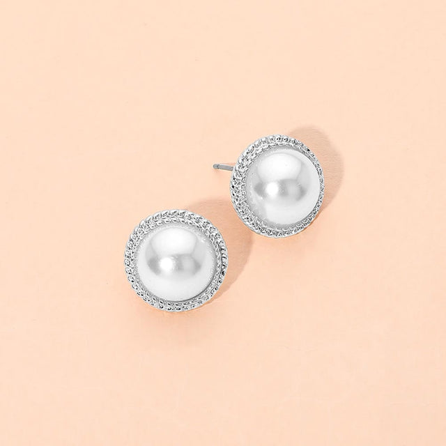 Madeline Love Silver, White Classic Round Pearl Stud Earrings