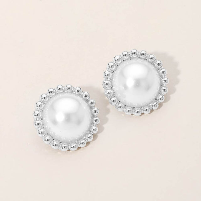 Madeline Love Silver, White Beaded Rim Pearl Stud Earrings