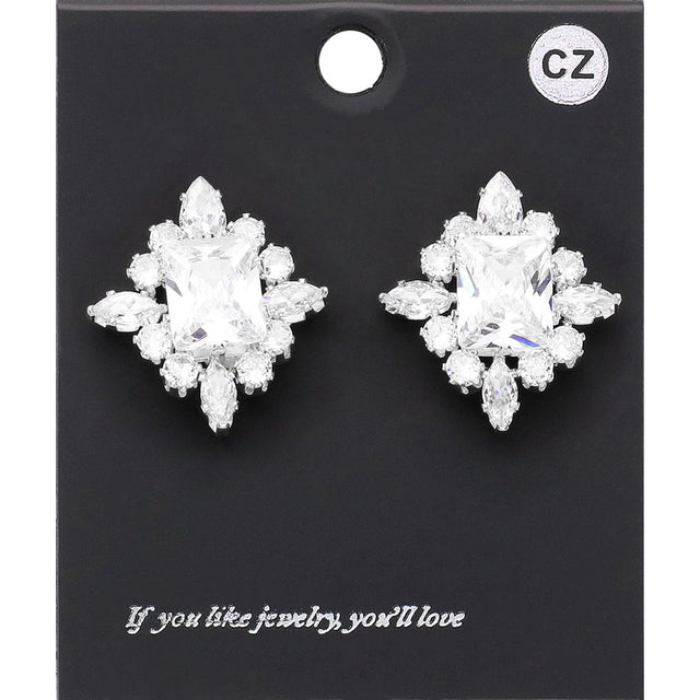 Madeline Love Clear, Silver CZ Rectangle Stone Cluster Pointed Evening Stud Earrings