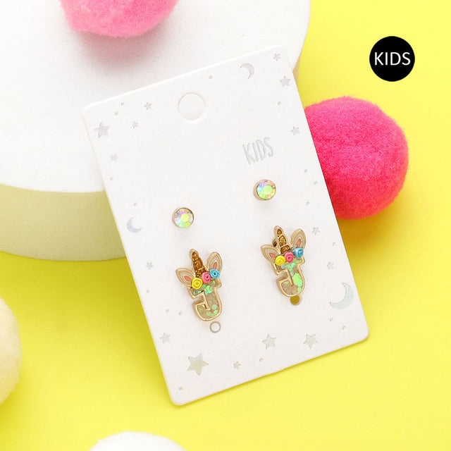 Madeline Love ~J~ 2Pairs - J Round Stone Unicorn Initial Monogram Stud Kids Earrings