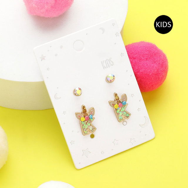 Madeline Love ~K~ 2Pairs - K Round Stone Unicorn Initial Monogram Stud Kids Earrings