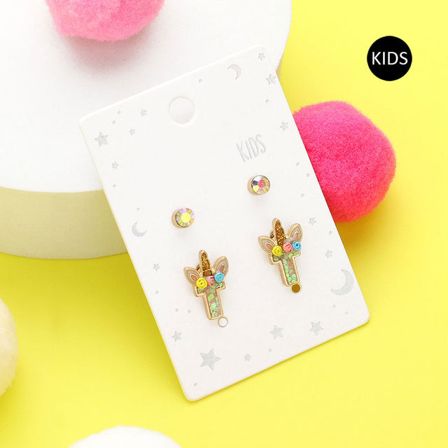 Madeline Love ~T~ 2Pairs - T Round Stone Unicorn Initial Monogram Stud Kids Earrings