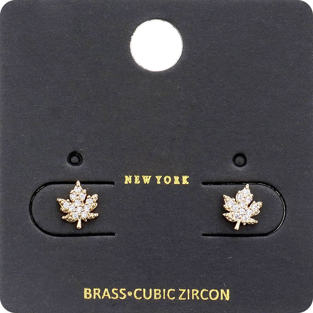 Madeline Love Gold CZ Stone Embellished Brass Metal Maple Leaf Stud Earrings