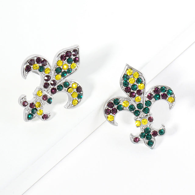 Multi Crystal Stone Paved Mardi Gras Fleur de Lis Stud Earrings