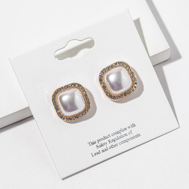 Madeline Love Cream, Gold Crystal Trim Square Pearl Stud Earrings