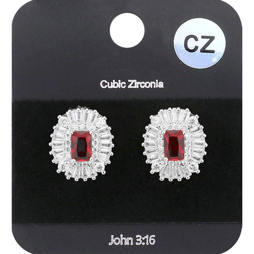 CZ Emerald Cut Stone Centered Evening Stud Earrings - Clear, Rhodium, Siam