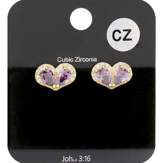 CZ Teardrop Accented Heart Stud Evening Earrings - Amethyst - Earrings