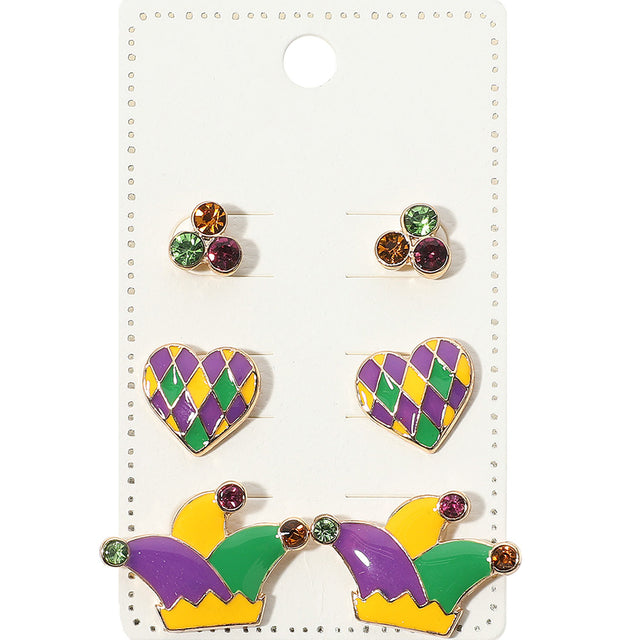 Gold, Multi 3Pairs - Enamel Mardi Gras Heart Hat Stud Earring Set