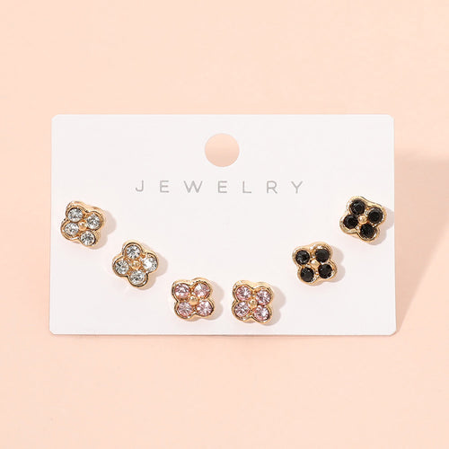 3Pairs - Sparkling Quatrefoil Stud Earring Set - Multi