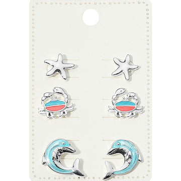 Madeline Love Multi, Silver 3Pairs - Metal Starfish Enamel Crab Dolphin Stud Earrings Set