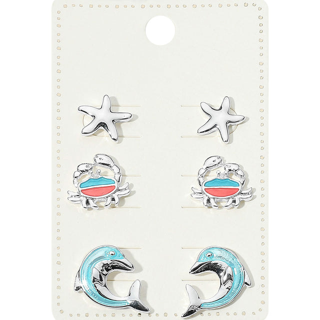 Madeline Love Multi, Silver 3Pairs - Metal Starfish Enamel Crab Dolphin Stud Earrings Set