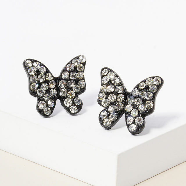 Black, Clear Rhinestone Paved Butterfly Stud Earrings