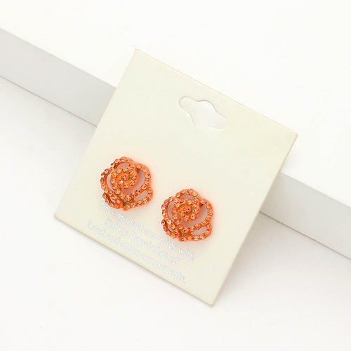Crystal Pave Flower Stud Earrings - Orange