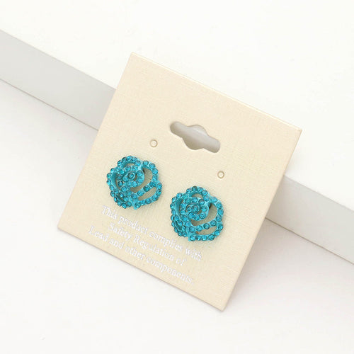 Crystal Pave Flower Stud Earrings - Blue Zircon, Teal