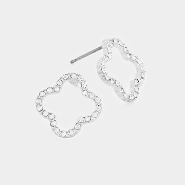 Madeline Love Clear, Rhodium Stone Trimmed Quatrefoil Clover Stud Earrings