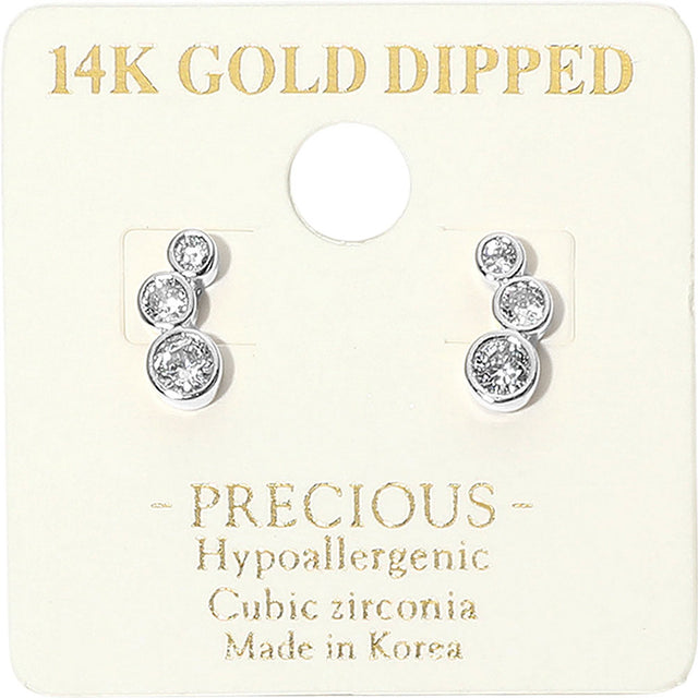 Madeline Love Rhodium 14K Gold Dipped Hypoallergenic Graduated Triple CZ Stone Bezel Link Stud Earrings
