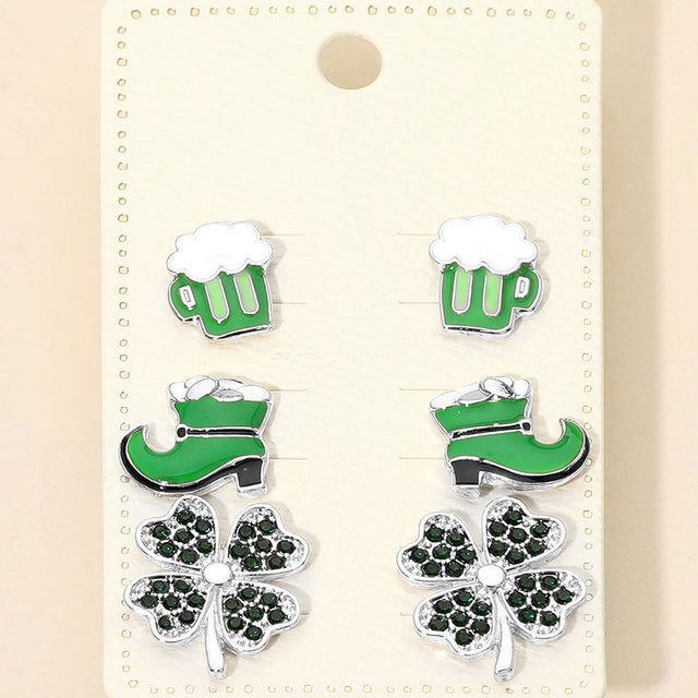 Madeline Love Silver 3Pairs - St Patricks Clover Boot Beer Mug Stud Earring Set - Earrings